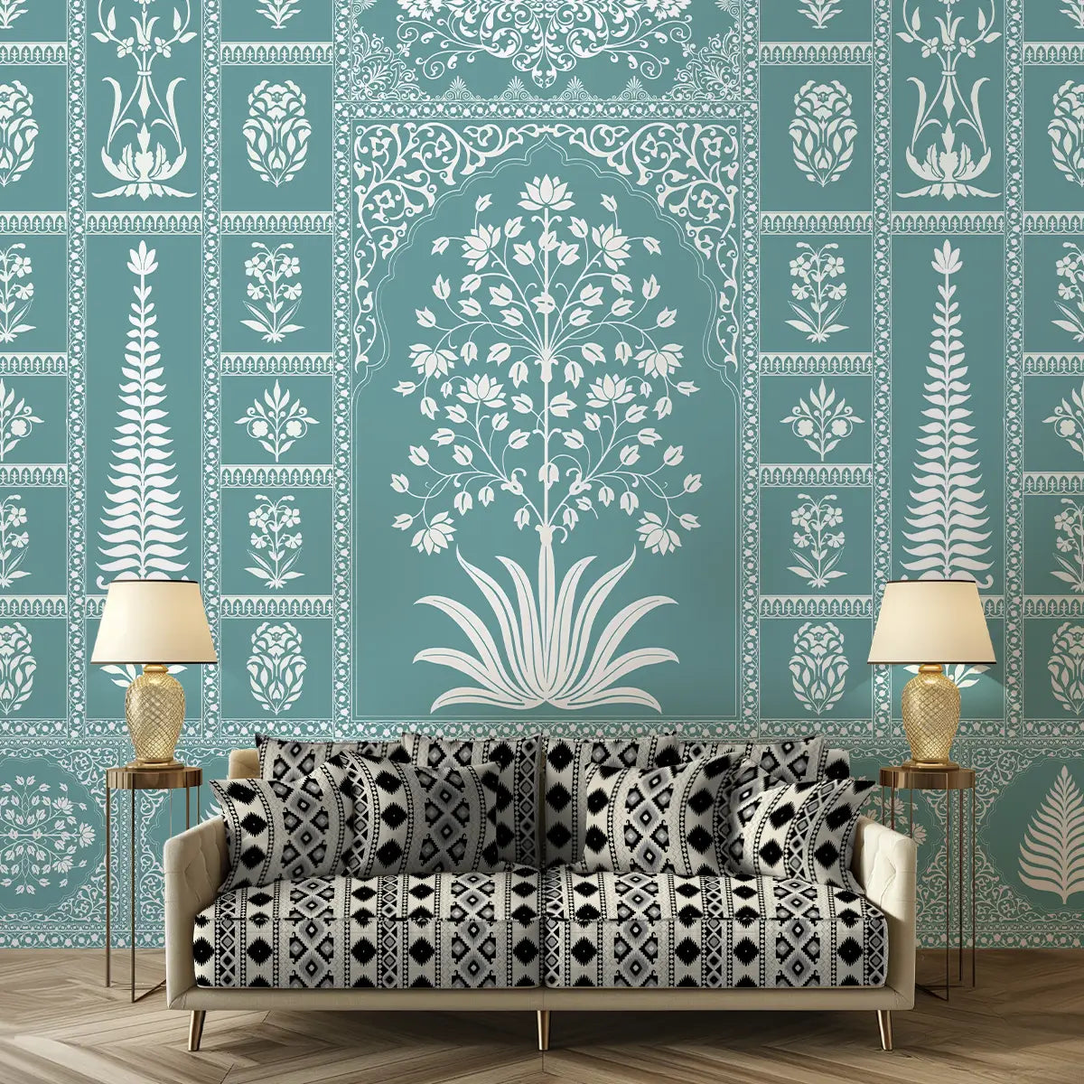 Gul Indian Mughal Art Light Teal Wallpaper