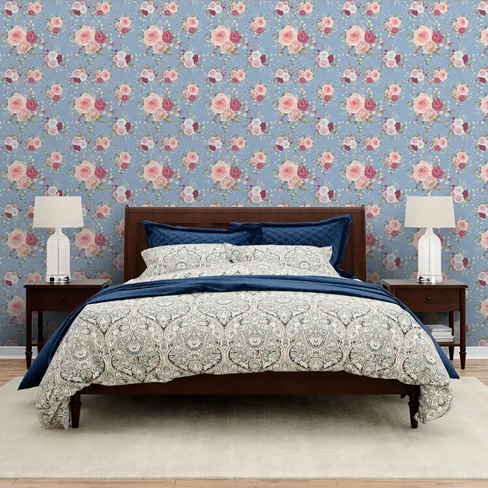 Buy Roses Design Wallpaper Roll in Blue Wanderlust Color