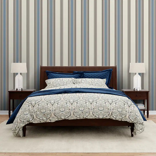 Buy Stripes Design Wallpaper Roll in Ivory and Blue Color