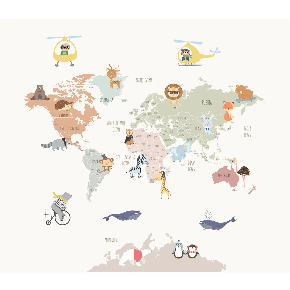  Stylish Animals Safari, World Map Wallpaper for Kids Room