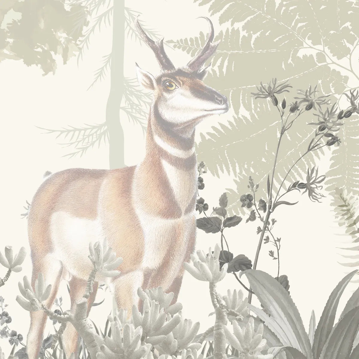 Vintage Forest Theme Wallpaper, Pastel Green, deer