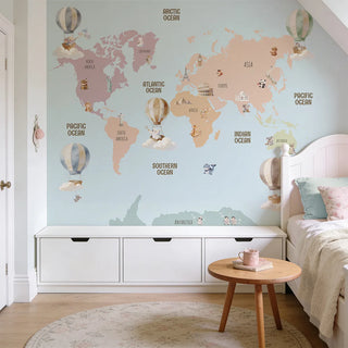 World Map with Hot Air Balloons and Gliders, Kids Wall Murals, Blue