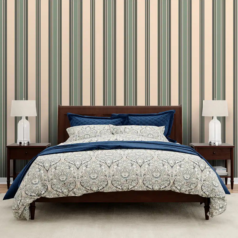 Stripes Design Wallpaper Roll in  Beige and Green Color Buy Online