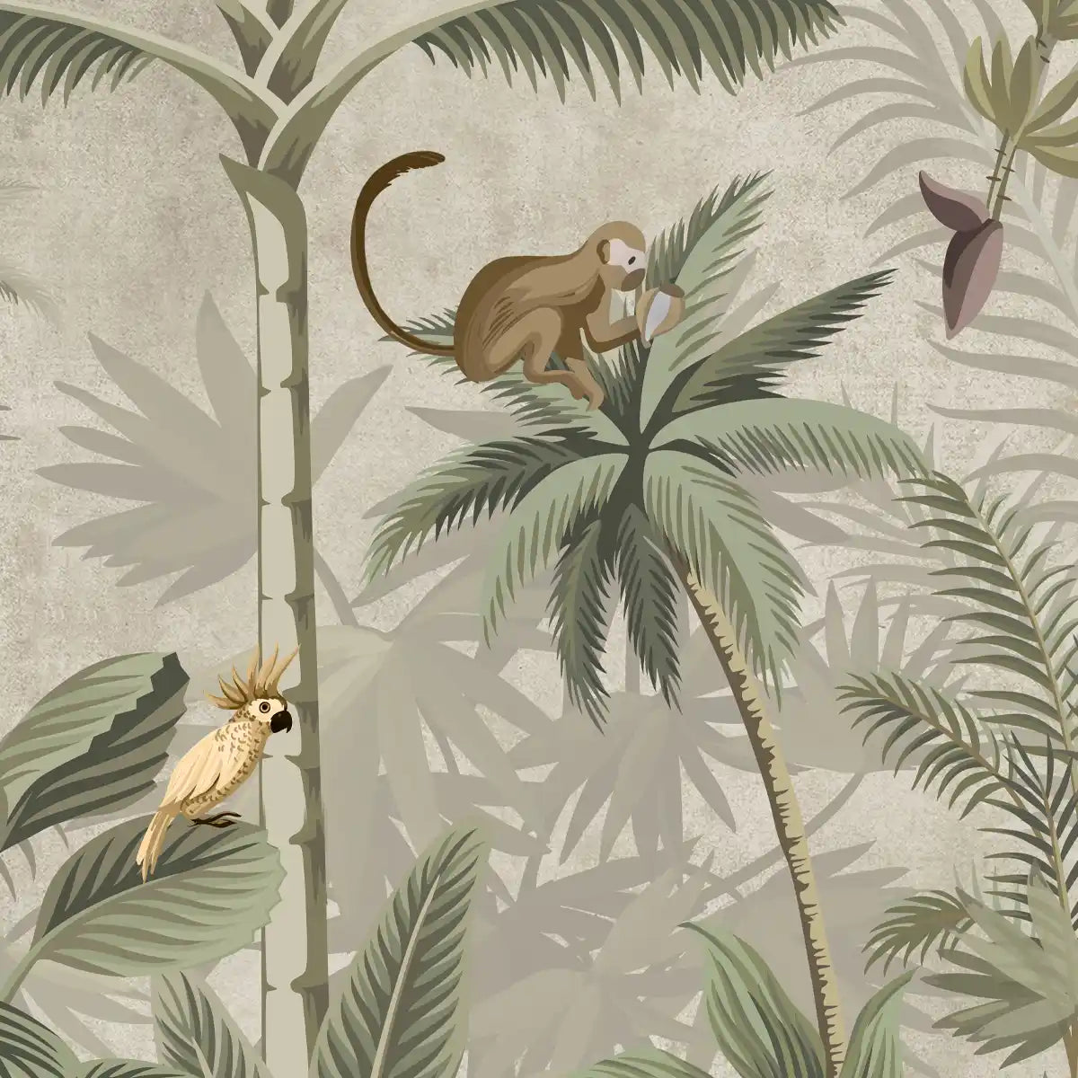 Tropical Dreams Artful Wallpaper Design Beige Monkey, Birds.