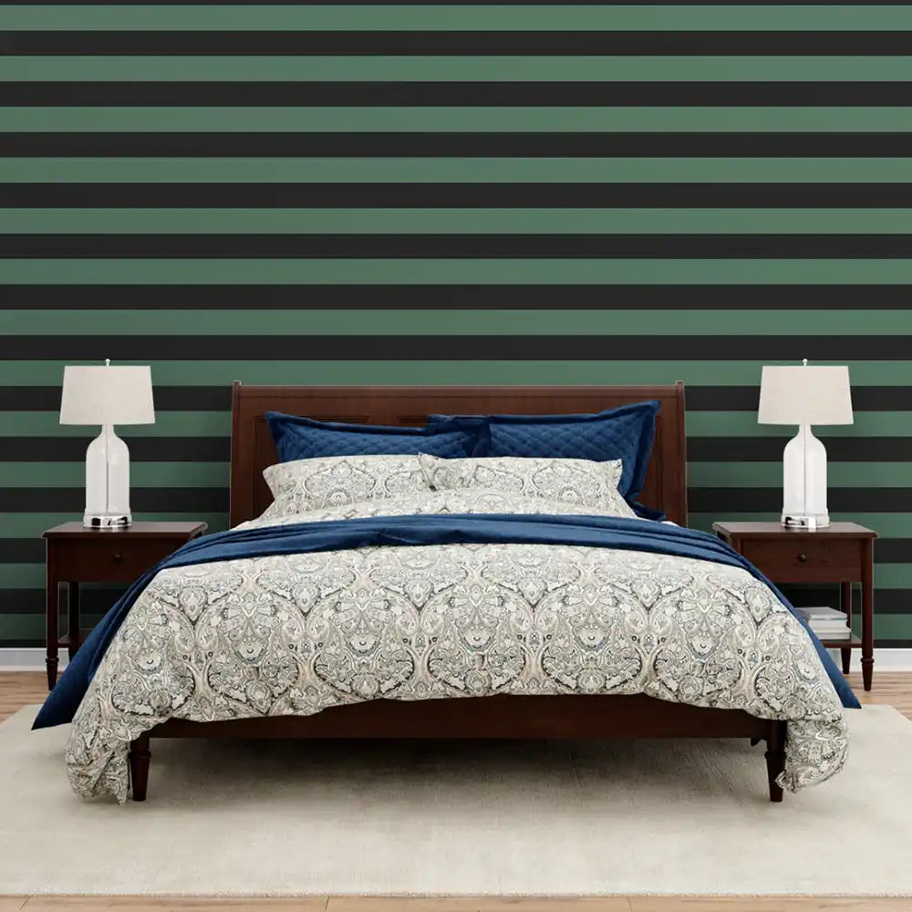 Harmonie Stripe Design Wallpaper Roll in Green and Black Color buy Online