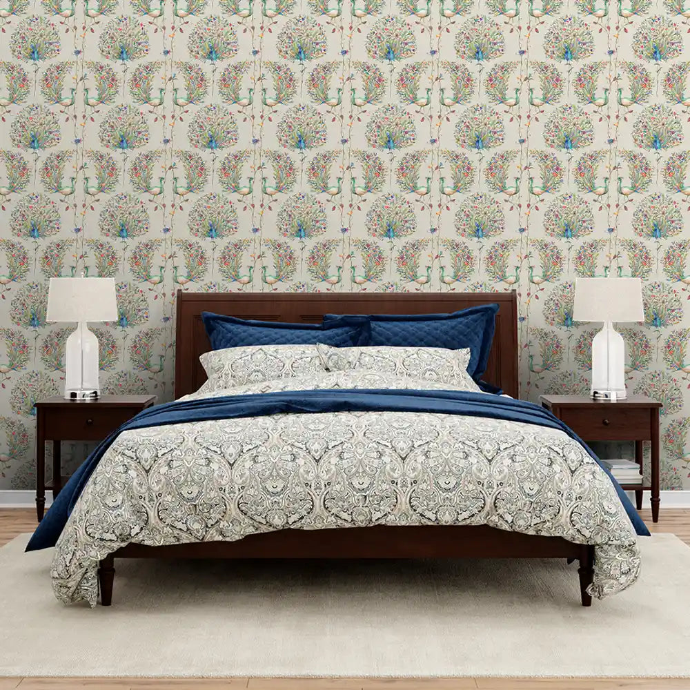Barkha Indian Peacock Design Wallpaper Roll in Cream Color for bedrooms