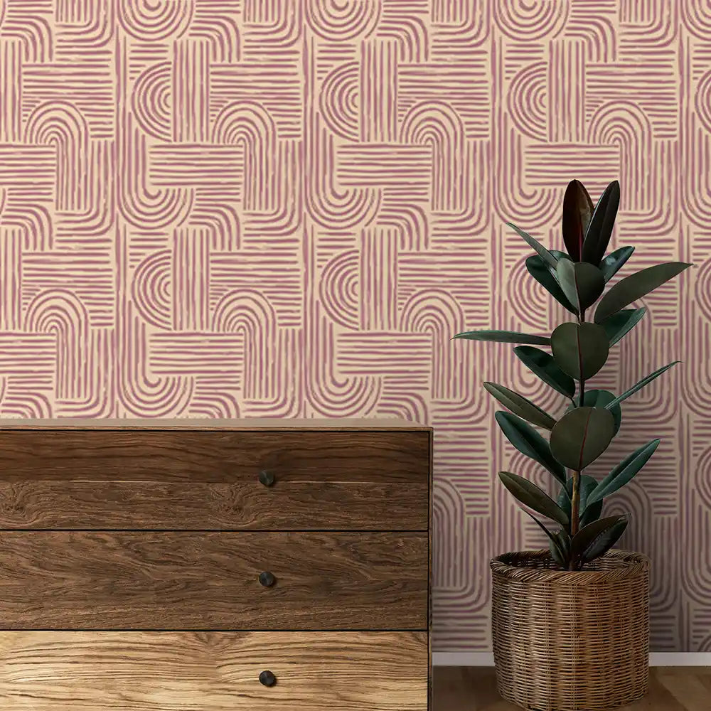 Symmetry Design Wallpaper Roll in Beige & Dusty Pink Color