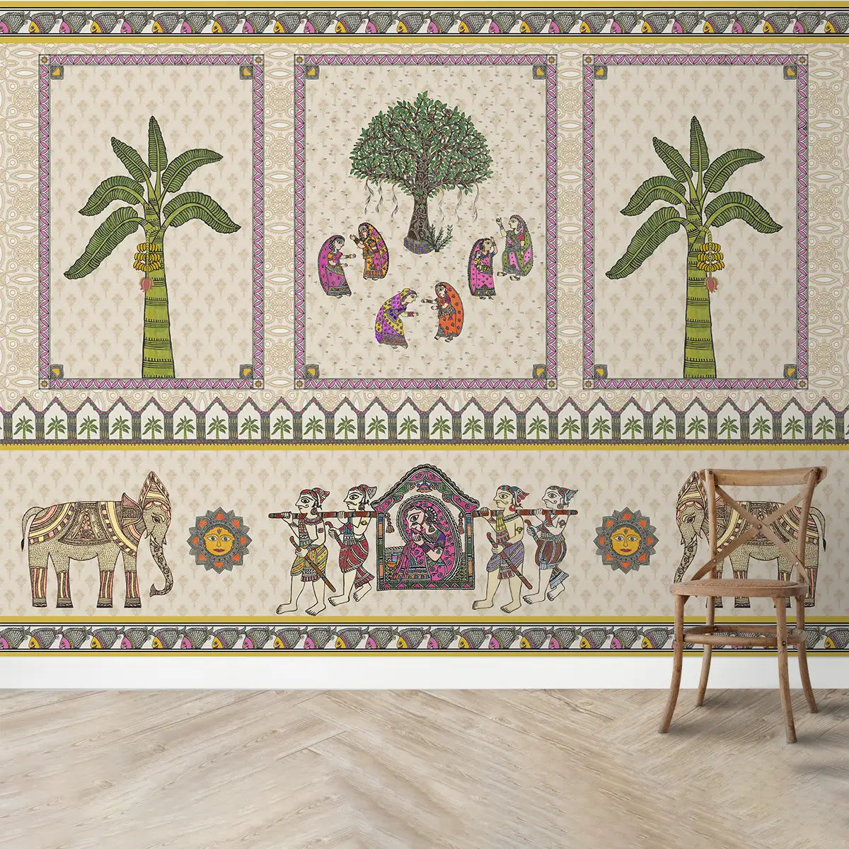 Janakpuri Jharoka Madhubani Art Wallpaper, Beige