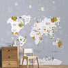 Grand papier peint carte du monde avec des animaux mignons pour murs, gris