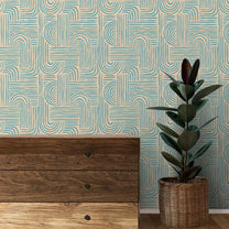 Buy Symmetry Design Wallpaper Roll in Beige & Aqua Color