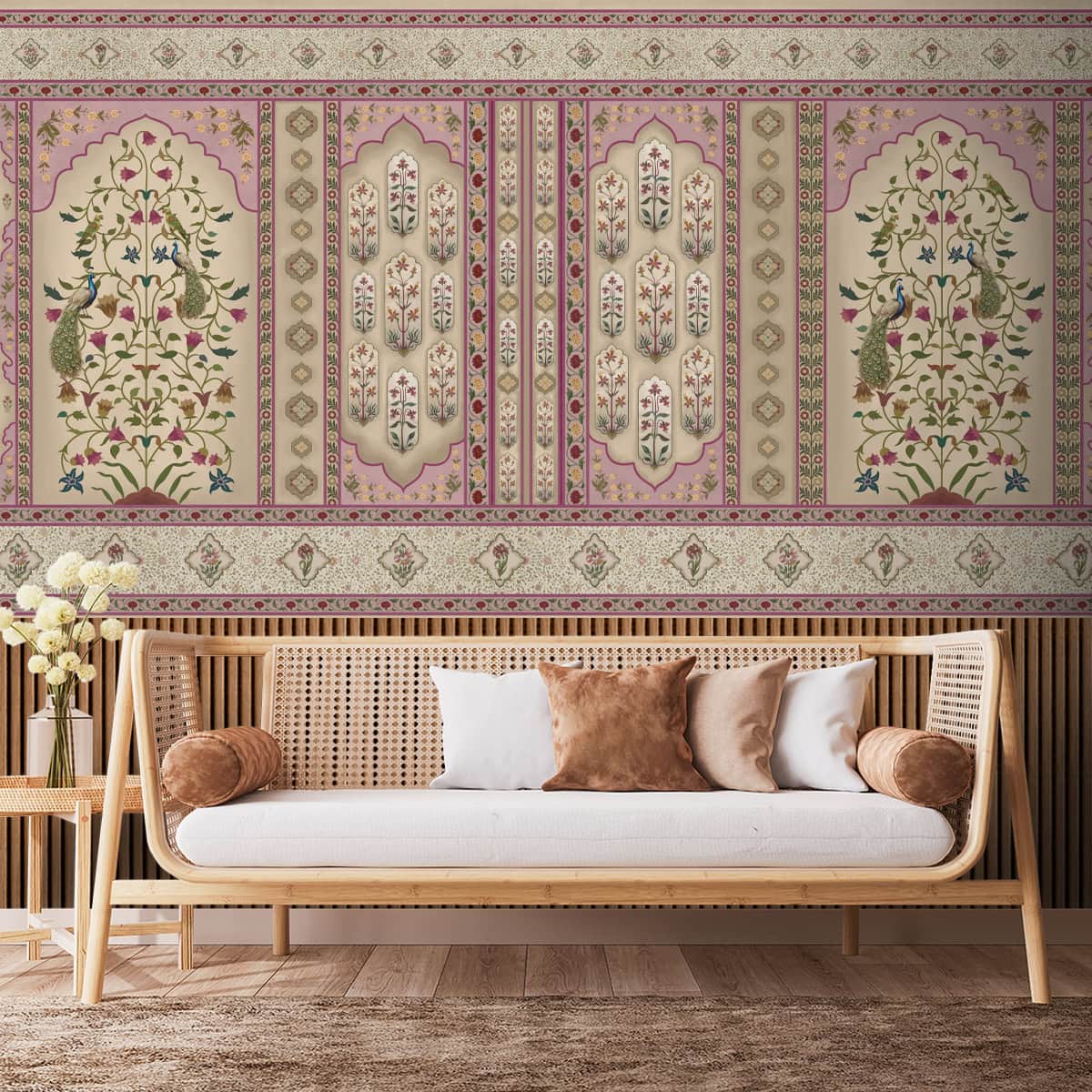 Madhuban Indian Floral Jharoka Wallpaper in Suneherii Collection Pink