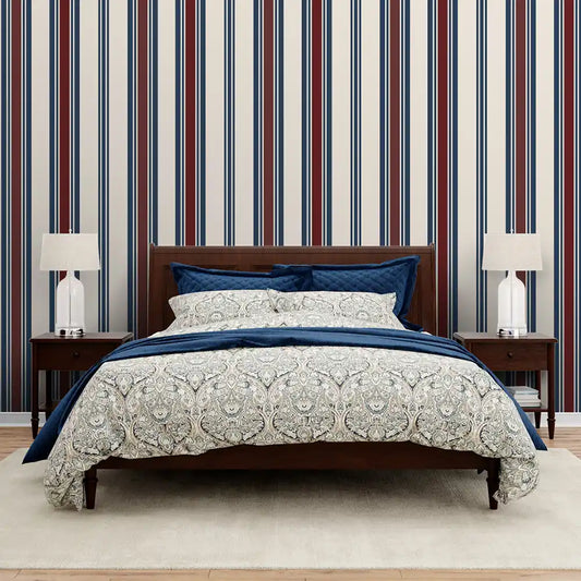 Stripes Design Wallpaper Roll in Blue and Maroon Color For Rooms