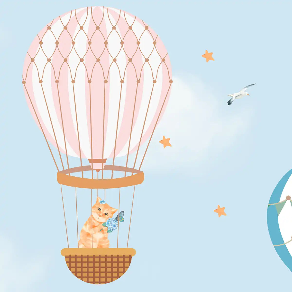 Hot Air Balloons with Animals Wallpaper in Blue Color for Kids Room Walls