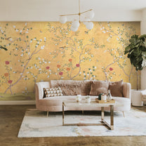 Sunset Serenade, Golden Chinoiserie Wallpaper Design
