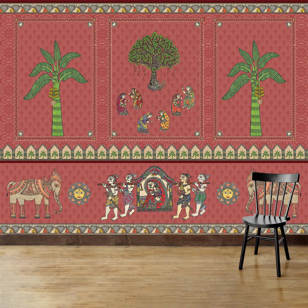 Janakpuri Jharoka Red Madhubani Wallpaper