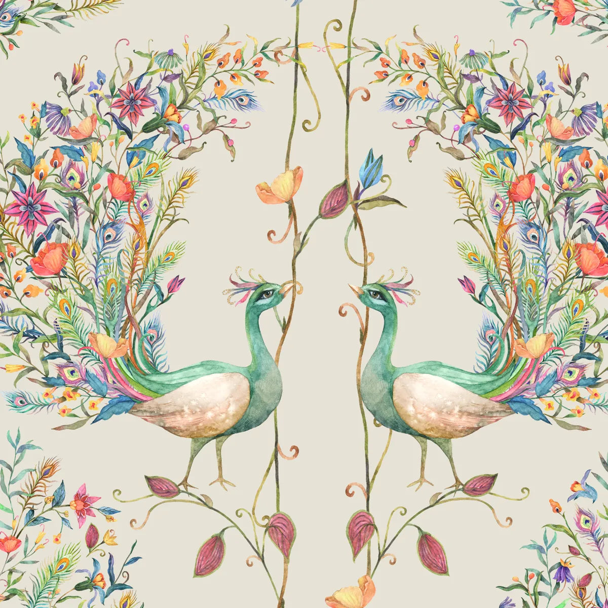 Barkha Indian Peacock Wallpaper in Cream Color | Life n Colors