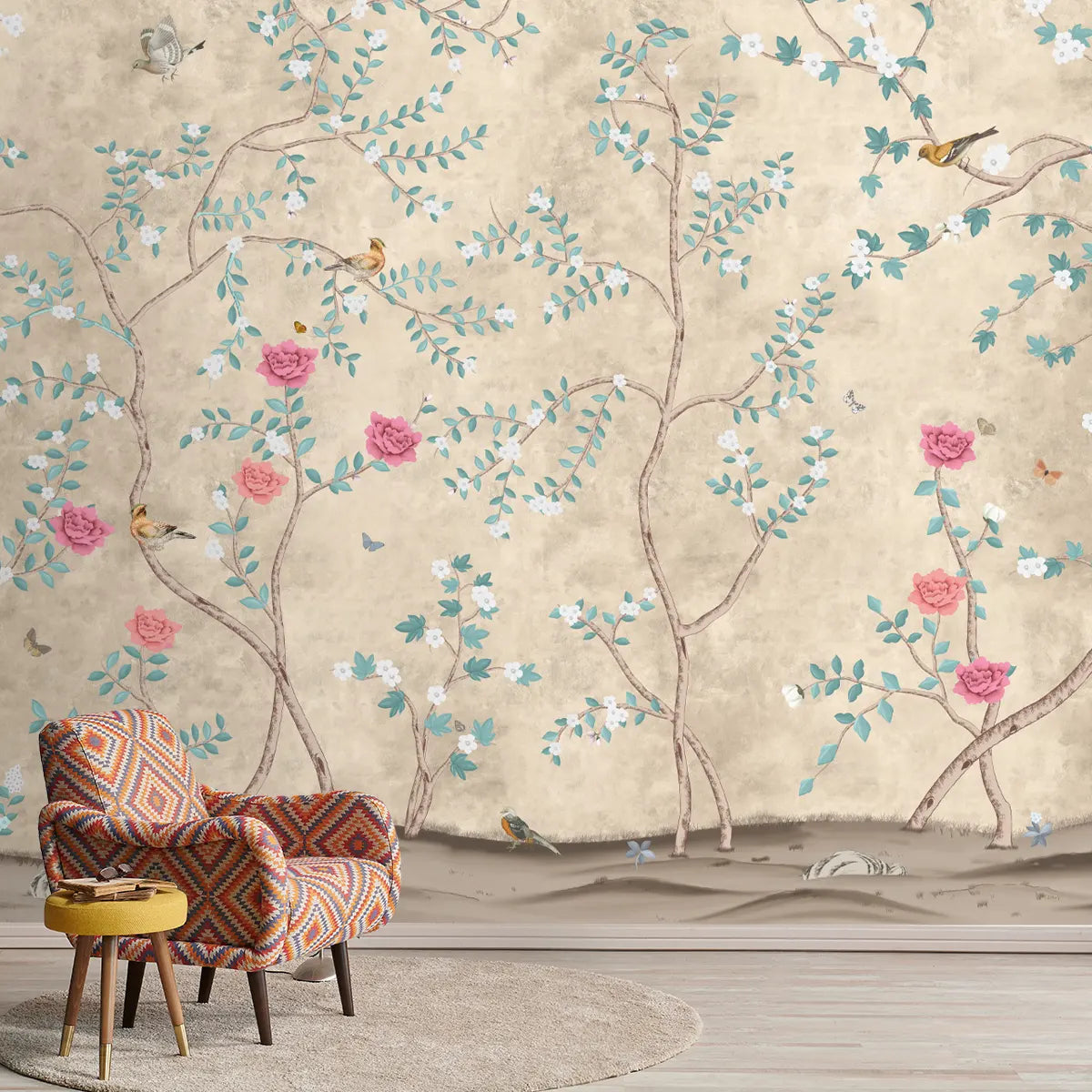 Buy Sunset Serenade,Beige & Teal Chinoiserie Wallpaper Design