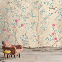 Buy Sunset Serenade,Beige & Teal Chinoiserie Wallpaper Design