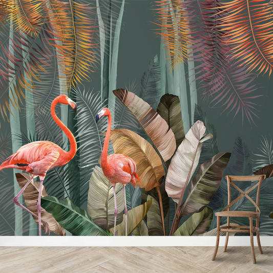Pink Flamingos in Tropical Jungle Wallpaper for Rooms