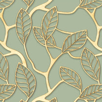 Golden leaves Design Wallpaper Roll in Green Color For Rooms