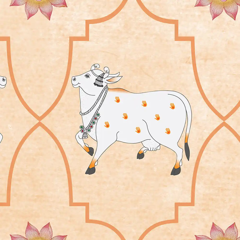 Gauri Pichwai Cows Wall Wallpaper Pastel Peach indian designs