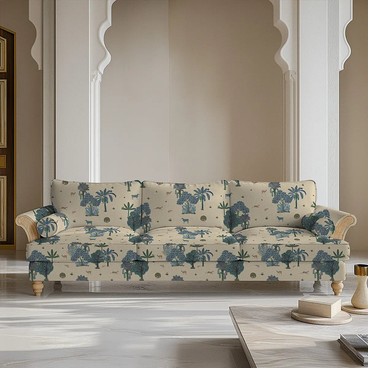 Taal Sofa and Chairs Upholstery Fabric Cream & Blue Indian Tropical jungle design