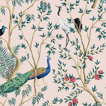 Chinoiserie Theme Wallpaper with Peacock, Blushing Sand