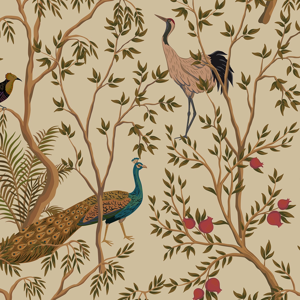 Chinoiserie Theme Wallpaper with Peacock, Khaki