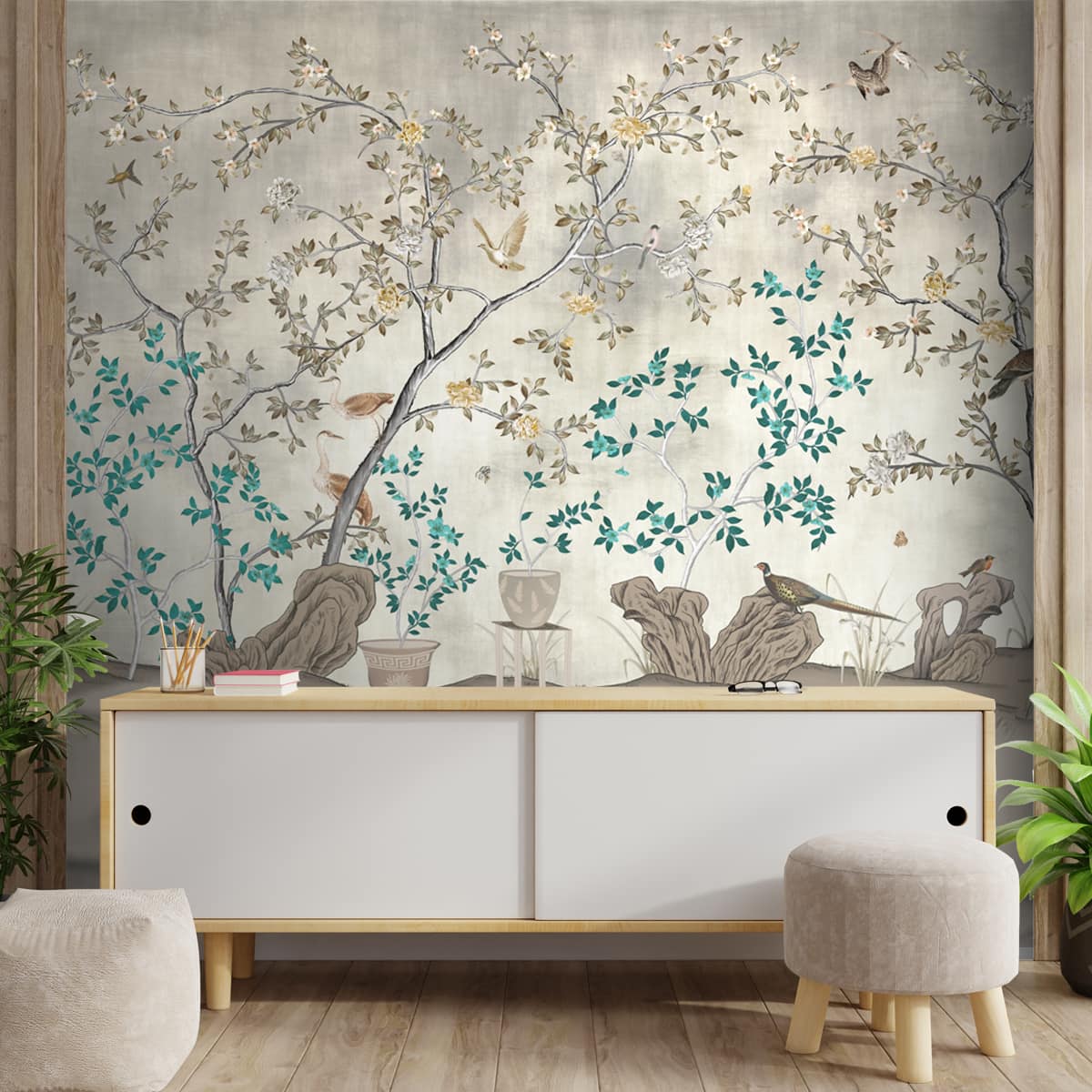 Grandeur in Silver Chinoiserie, Wallpaper for Wall, Customised