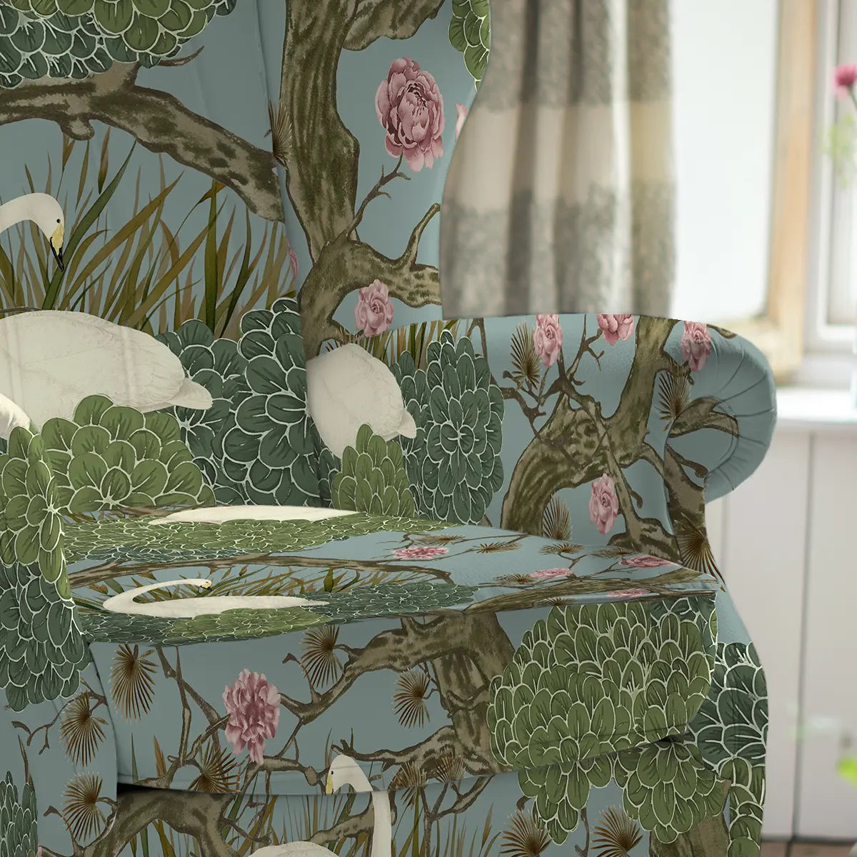 Mystery Sofa and Chairs Upholstery Fabric Blue chinoiserie, goose, floral