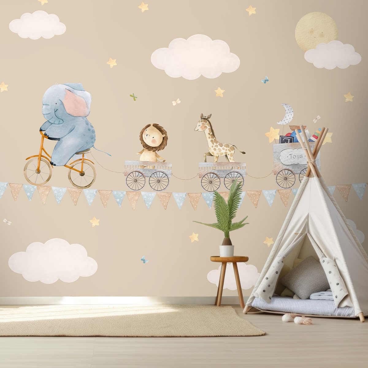 Animals On Ride: Wallpaper for Kids Room, Beige