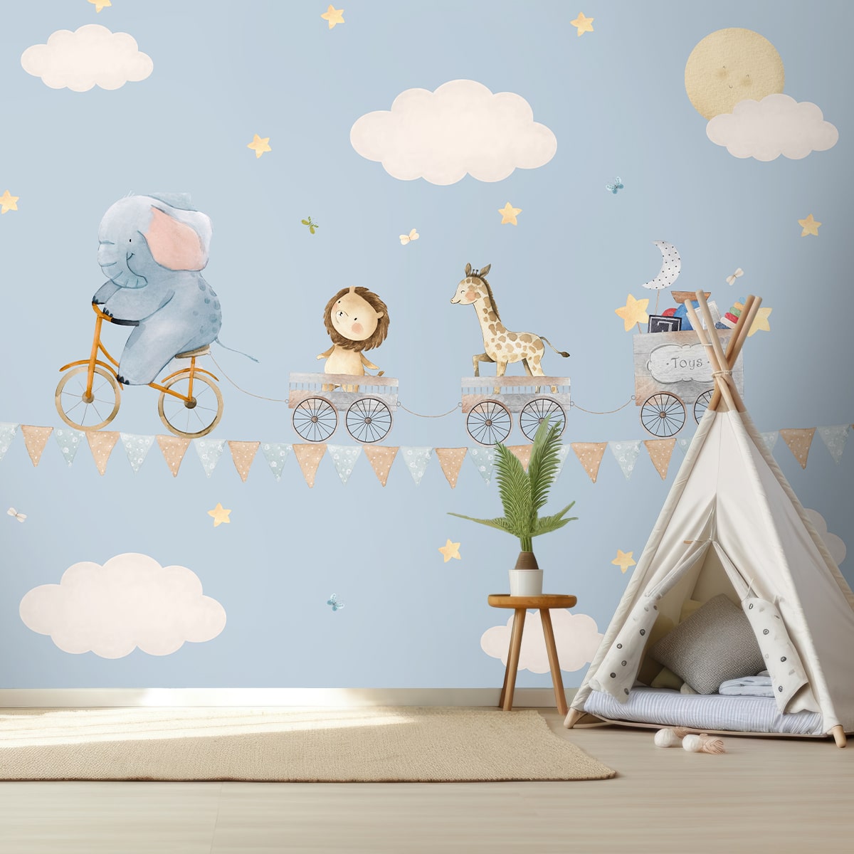 Animals On Ride: Wallpaper for Kids Room, Blue