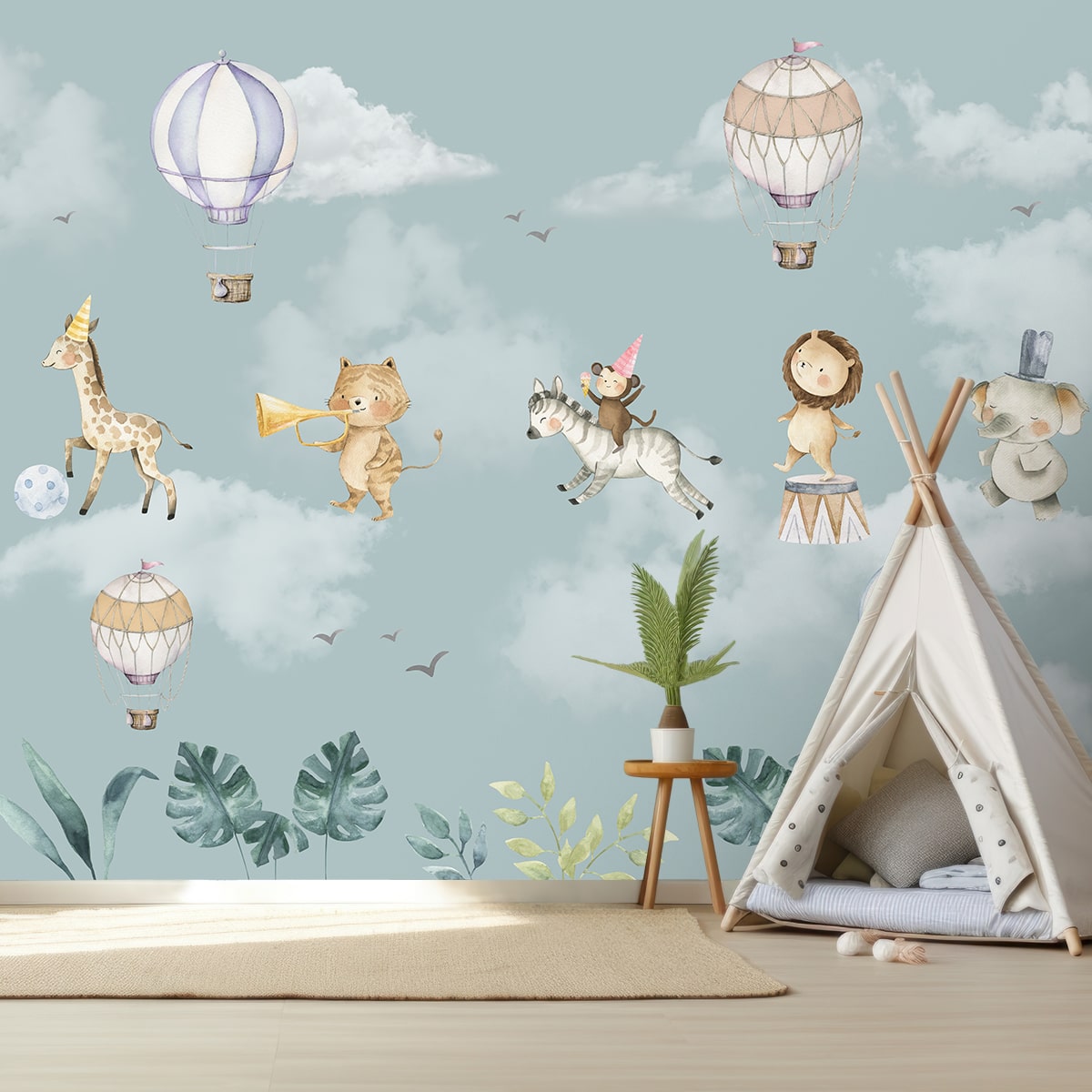 Cute Jungle Animals Wallpaper for Kids Room Nursery, Customised, Blue
