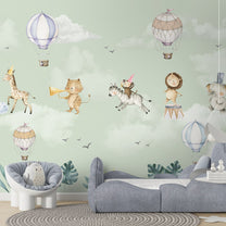 Marching Musical Band of Jungle Animals, Wallpaper for Nursery, Mint Green