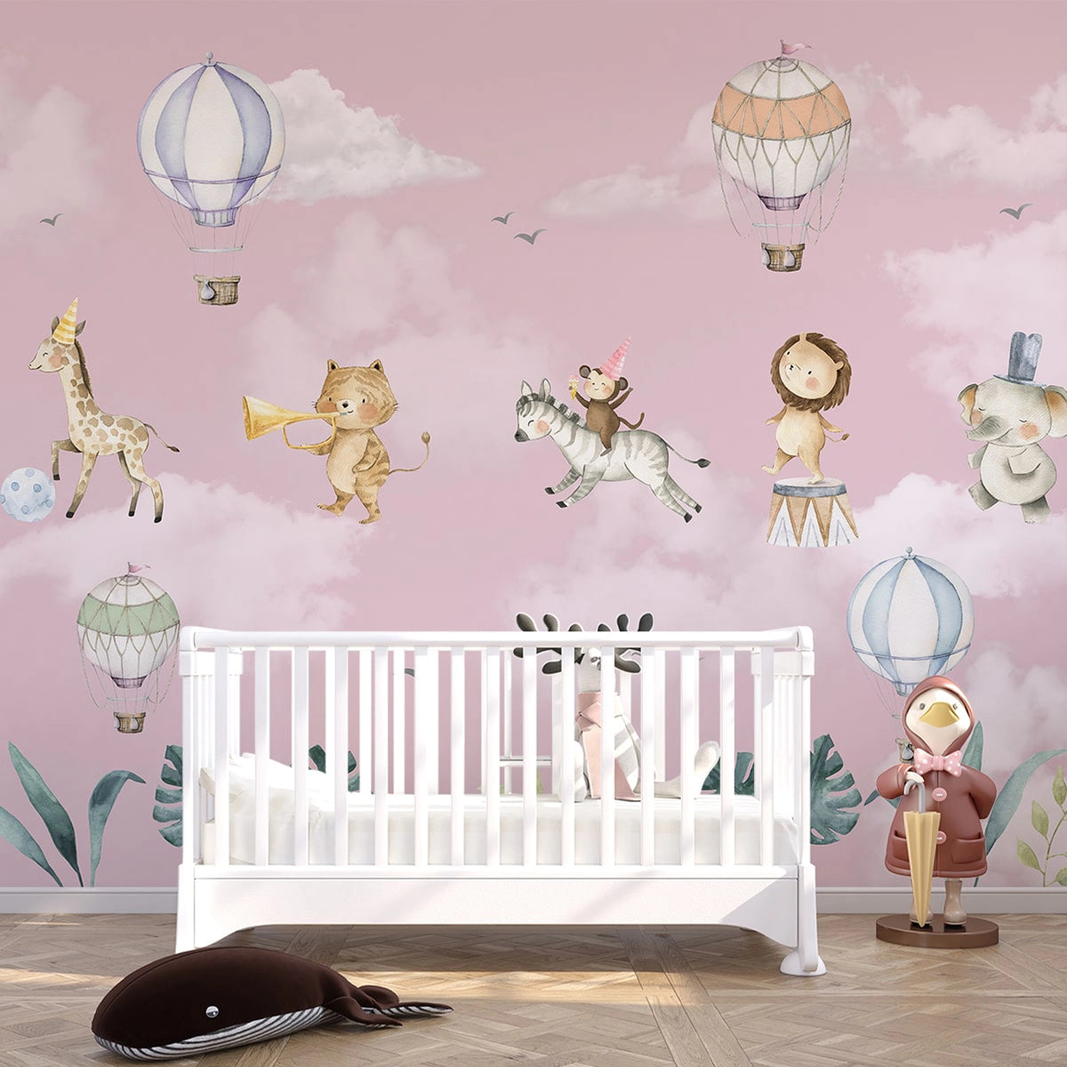 Shop now Marching Musical Band of Jungle Animals, Wallpaper for Nursery, Pink