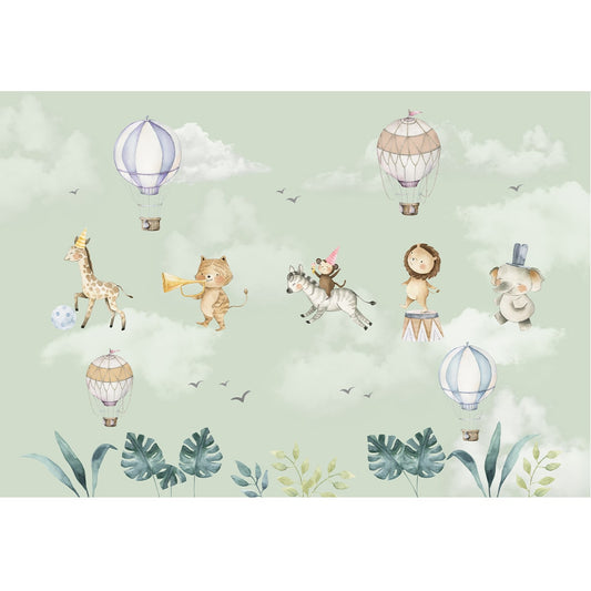 Marching Musical Band of Jungle Animals, Wallpaper for Nursery, Mint Green
