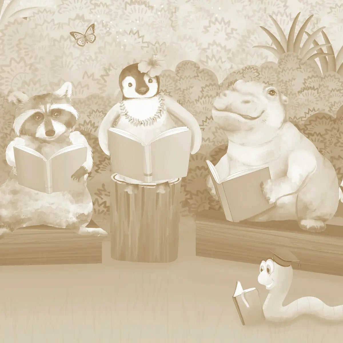 Shop Jungle Class Room with Animals Wallpaper, Customised Sepia By Lifencolors