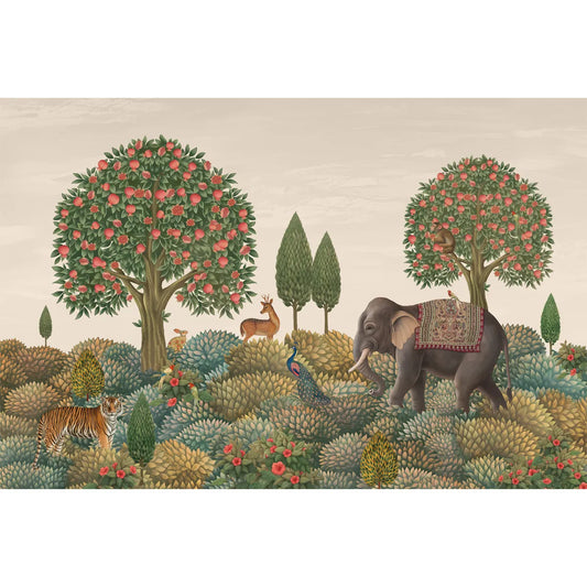 Rajasi Van, Indian Theme Wallpaper Customised, jungle, animals, elephant, tiger, peacock, tree, pichwai