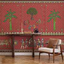 Janakpuri Jharoka Red Madhubani Wallpaper