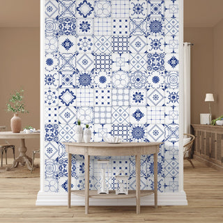 Blue and white tiles style wallaper for room
