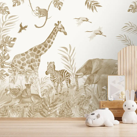 Jungle Theme Kids Room Wallpaper, Giraffe, Elephant, Lioness,Cub, Zebra, Customised Sepia Color