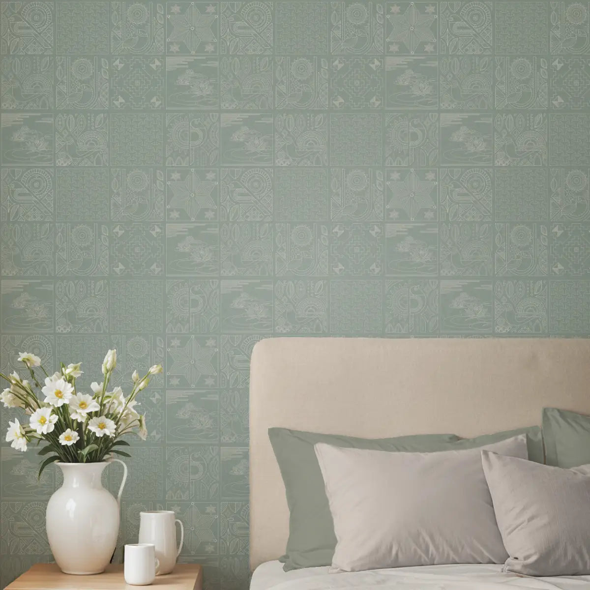 Kantha Indian Wallpaper Roll in Muted Teal Color Lifencolors Life n