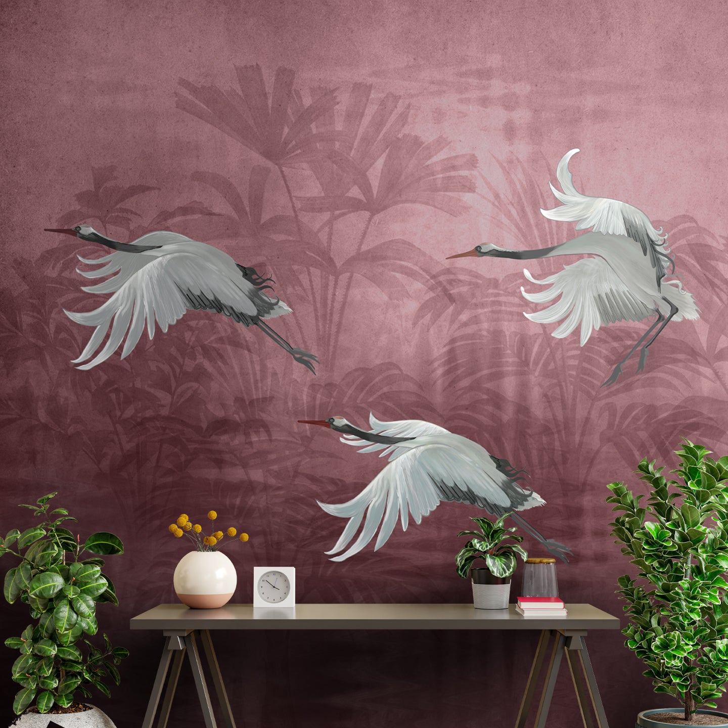 Musafir Beautiful Cranes Maroon Wallpaper