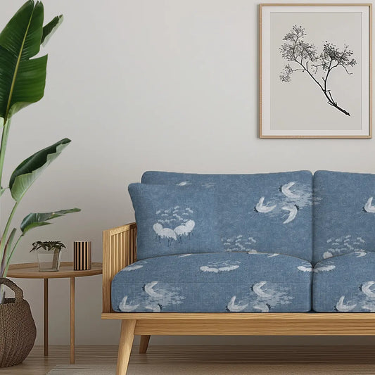 Graceful Cranes Sofa and Chairs Upholstery Fabric White & Blue
