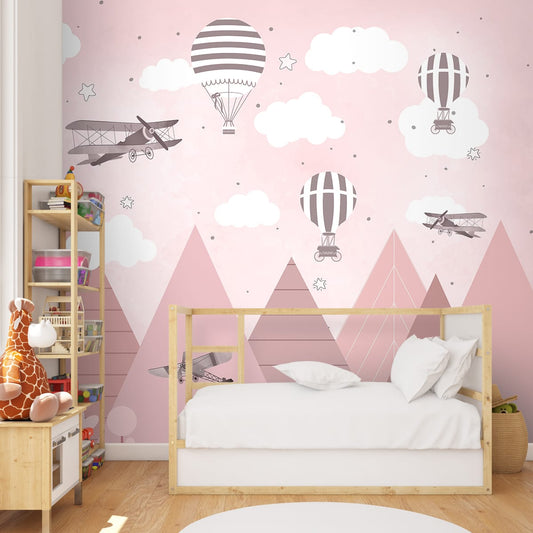 Gliders And Hot Air Balloons Wallpaper, Customised, Pink
