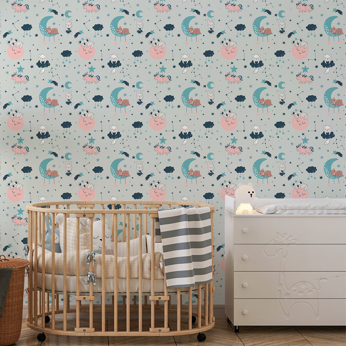 Animals Bedtime, Kids Wallpaper for Rooms, Blue