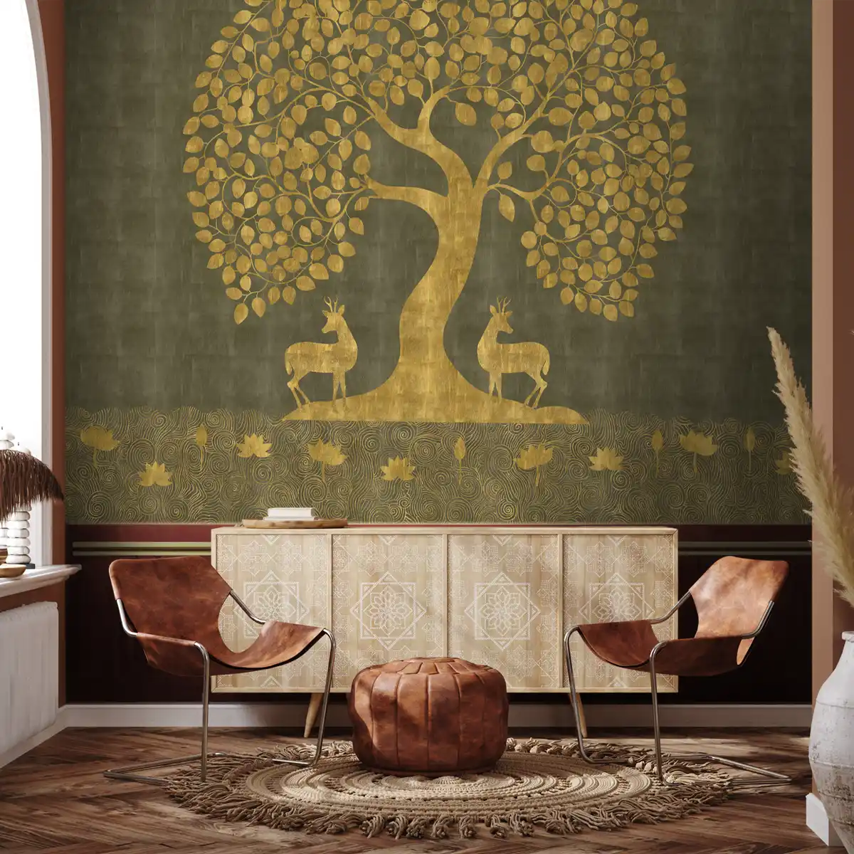 Shop Tree of Life Wallpaper in style of Pichwai Art Form Customised for Rooms Green