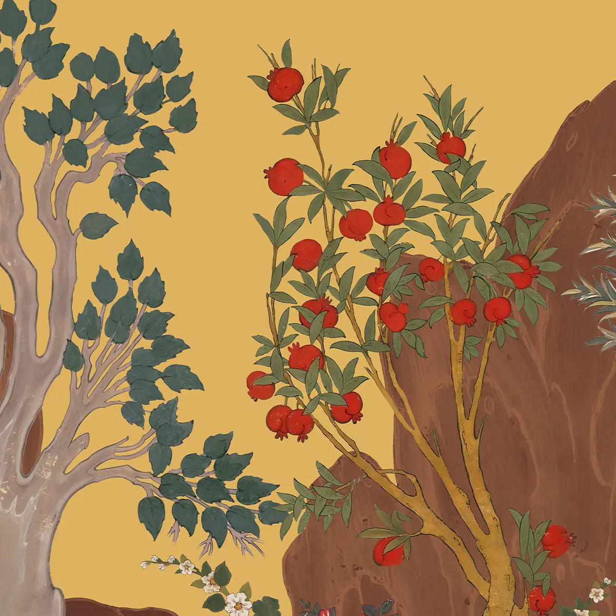 Verdant Valley Wallpaper Designed for Rooms Yellow & Brown pomegranate tree, mountains, plants By Life n Colors