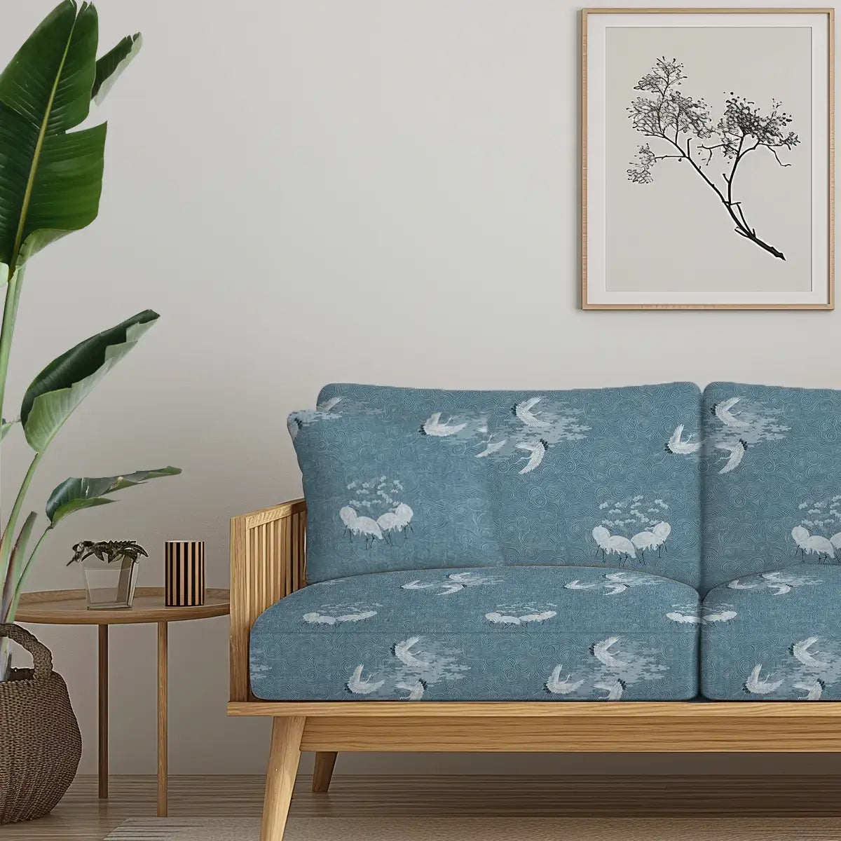 Graceful Cranes Sofa and Chairs Upholstery Fabric White & Blue