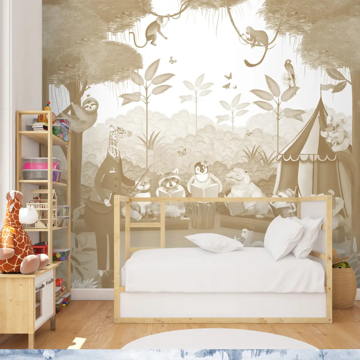 Jungle Class Room with Animals Wallpaper, Customised Sepia